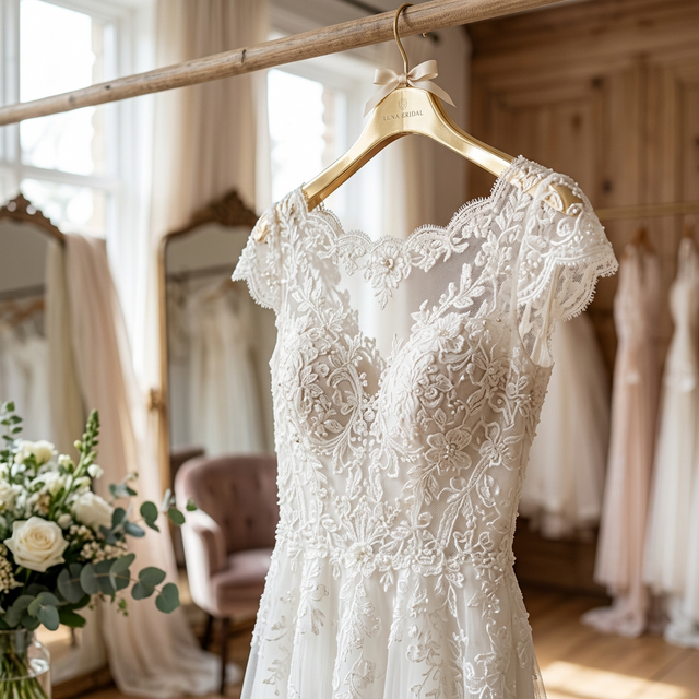 Verschiedene Brautkleid-Stile auf Kleiderbügeln