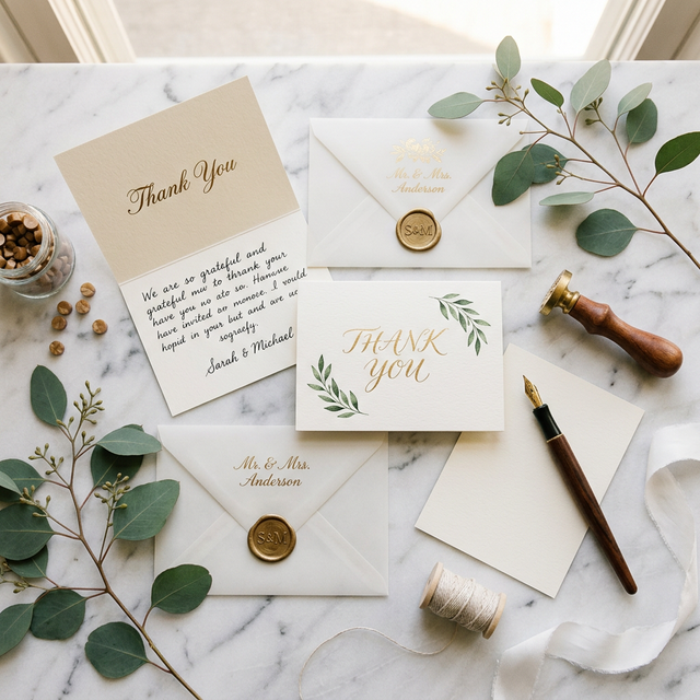 Stapel von edlen Hochzeits-Dankeskarten