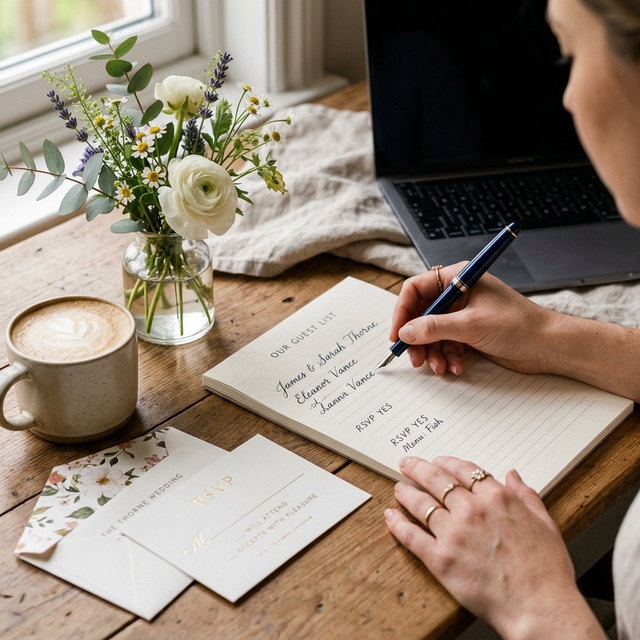 Hochzeitseinladungen und G�steliste auf einem Tisch