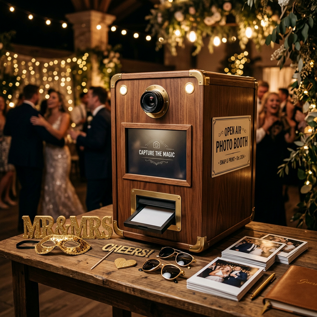 Lustige Fotobox mit Requisiten und Blumenhintergrund