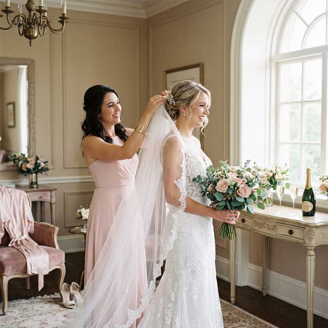 Trauzeugin hilft der Braut beim Anziehen des Brautkleids